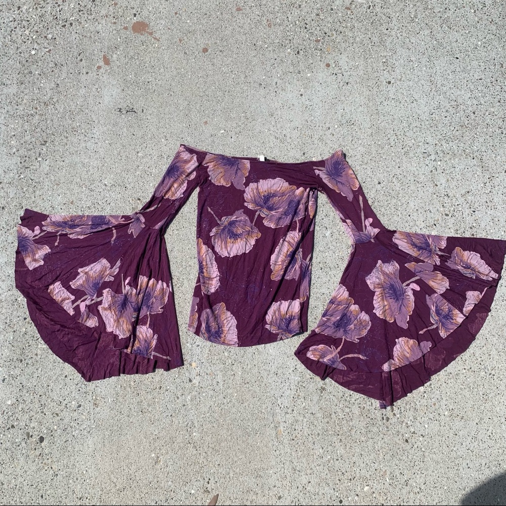 We the free free people purple floral bell sleeve / exaggerated mod boho top